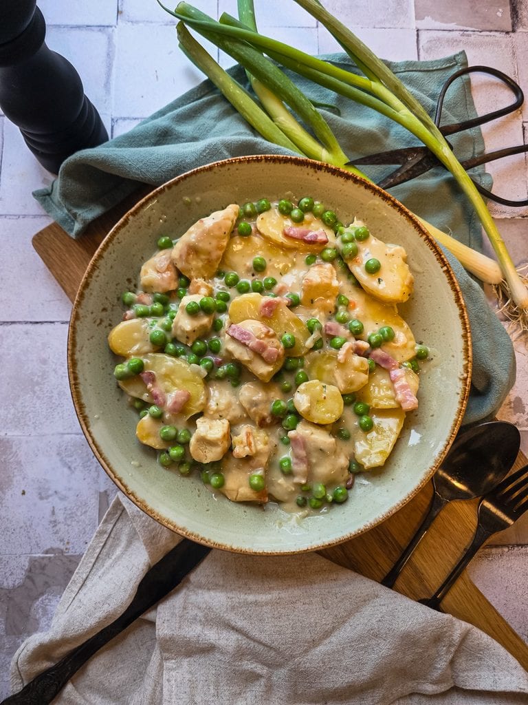 Hühnerfrikassee mit Bacon & Drillingen – proteinreiche Feierabendküche